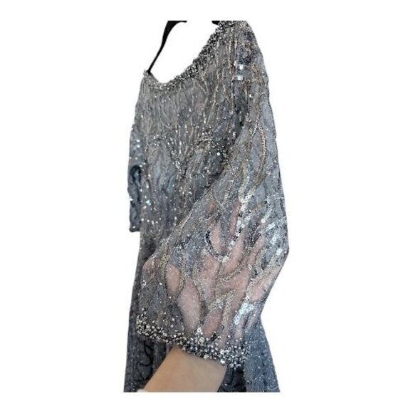 MAC DUGGAL 20252 High Neck Elbow Sleeve Embellished A-Line Dress Size 12 Silver - Picture 7 of 11